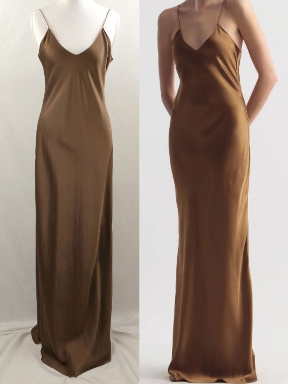 Nili Lotan Cami Silk Satin Charmeuese V-Neck Maxi Dress Gown, Brown, Medium